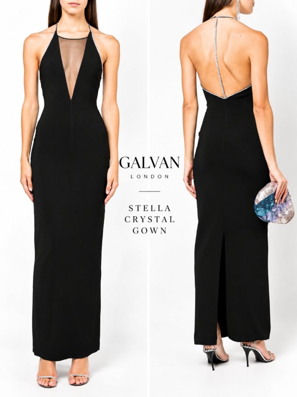 NWT Galvan London Stella Crystal Plunge Mesh Gown Black L $2,246